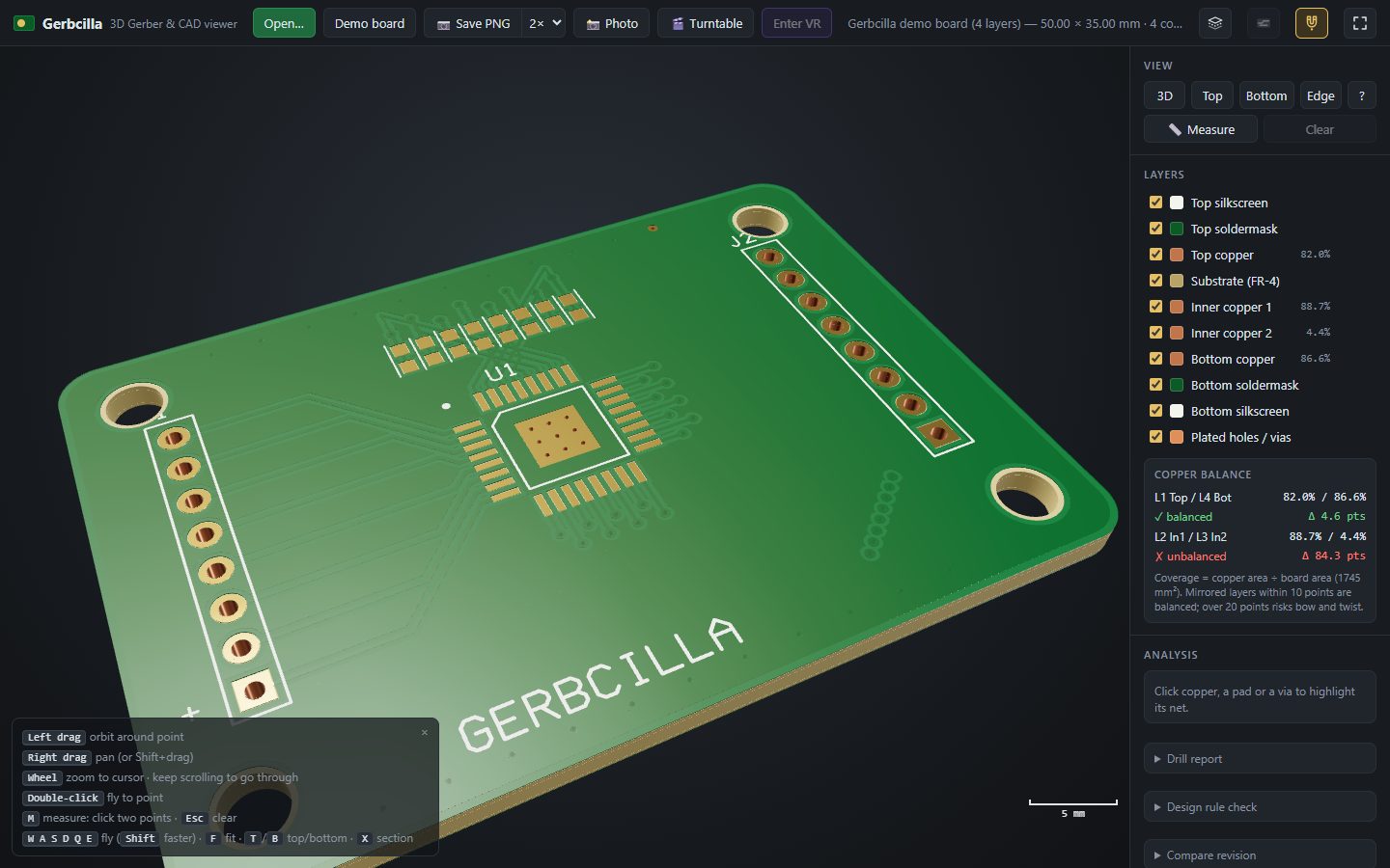 Gerbcilla showing a 4-layer demo board in 3D
