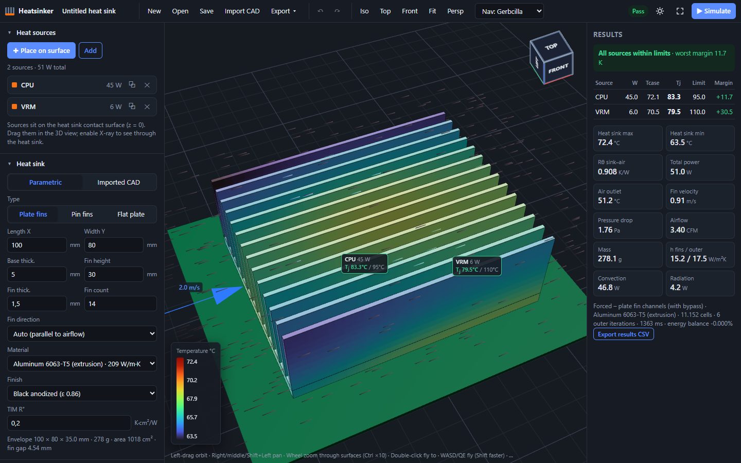 Heatsinker thermal simulation of a plate-fin heat sink
